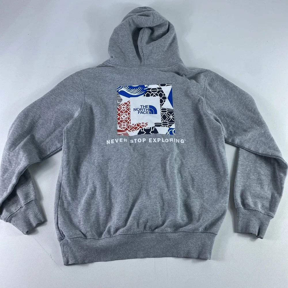 North Face Hoodie Mens Medium Gray Pullover Sweatshirt Never Stop Exploring Logo
